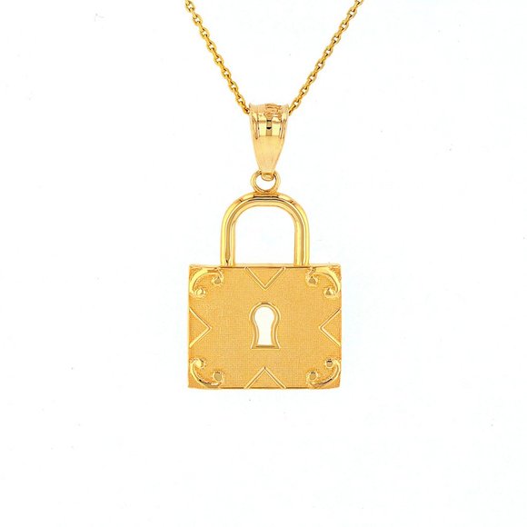 14k Solid Gold Swirl Rectangle Keyhole Padlock Charm - Yellow, Rose, or White